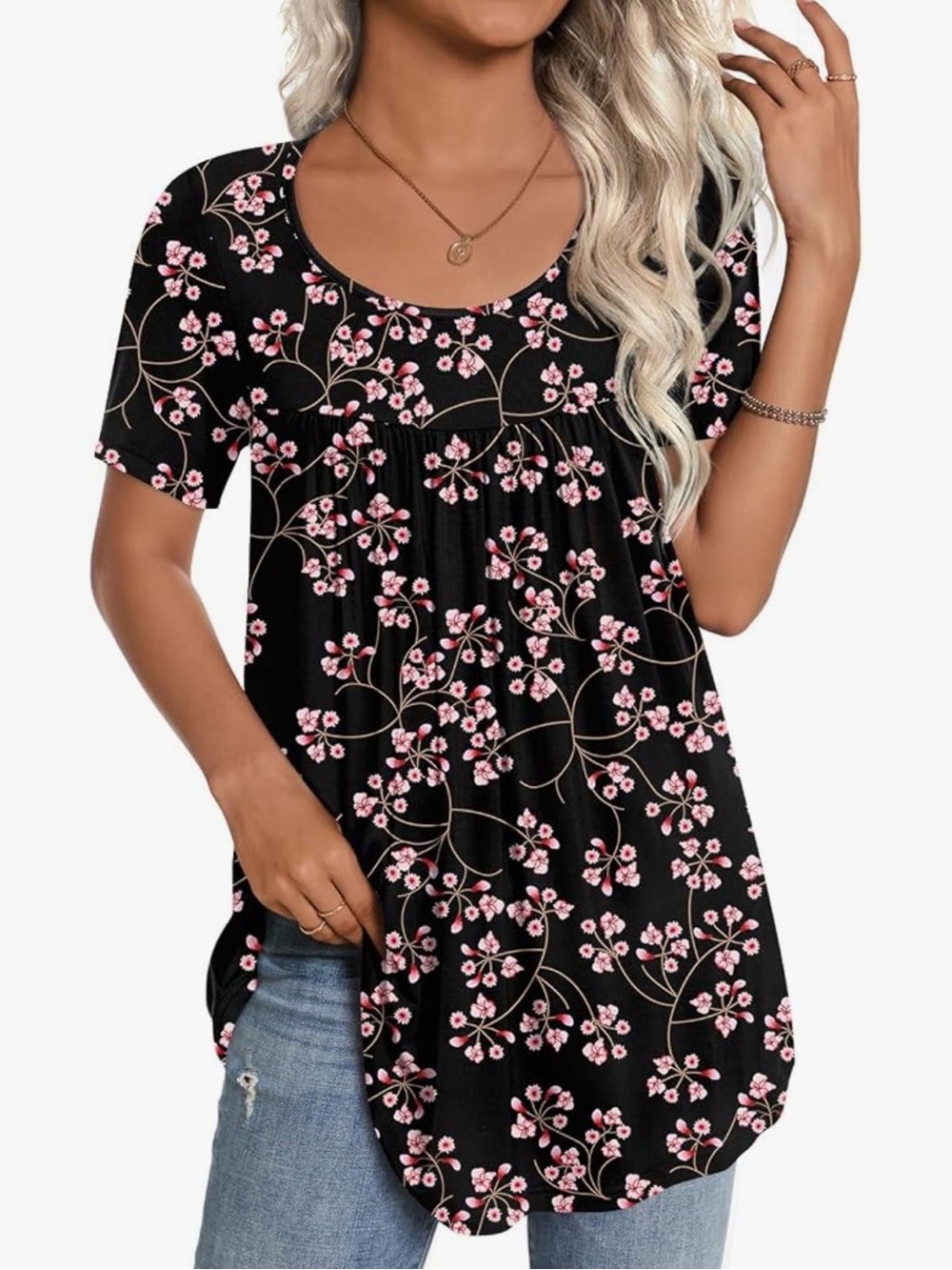Women’s Black Floral Scoop Neck Tunic Top - Pink Blossom